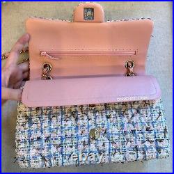 1000% AUTH RARE? CHANEL Medium Classic Double Flap? Pink Blue Gold Tweed Bag