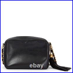 67953 auth CHANEL black leather 1994 TRIPLE LOGO TASSEL CAMERA Shoulder Bag