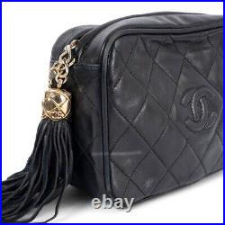 68659 auth CHANEL black lambskin leather CAMERA TASSEL Shoulder Bag