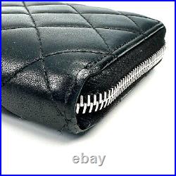 AB CHANEL Quilted Matelasse CC Logo Black Lambskin Zip Around Long Wallet Auth