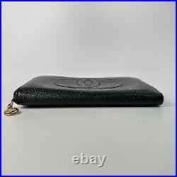 AUTH CHANEL CC Logo Black Caviar Skin Zip Around Long Wallet /N01-0011