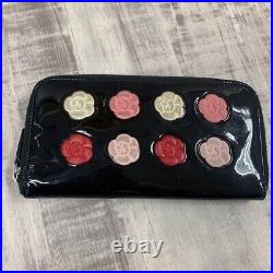 AUTH CHANEL Camellia Long Zippy Wallet Leather Black makeup palette 10×19×2cm FC