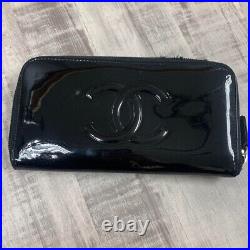 AUTH CHANEL Camellia Long Zippy Wallet Leather Black makeup palette 10×19×2cm FC