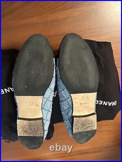 AUTH Chanel 23P Denim Blue Black CC Logo Cap Toe Bow Ballet Shoes Flats 36