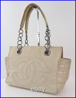 Auth CHANEL Beige Cream Canvas CC Logo and Chain Tote Bag Purse #57029