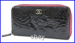 Auth CHANEL Black Patent Leather CC Logo Long Wallet Zipper Coin Purse #53352