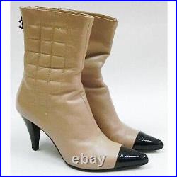 Auth CHANEL Boots Bicolor Beige Black Coco Mark Chocolate Bar Quilted 36 US 6