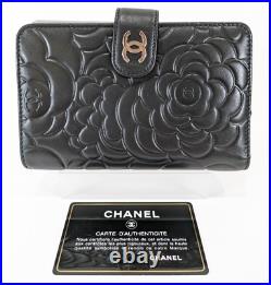 Auth CHANEL CC CoCo Camellia leather lambskin wallet black Bifold From Japan