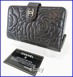 Auth CHANEL CC CoCo Camellia leather lambskin wallet black Bifold From Japan