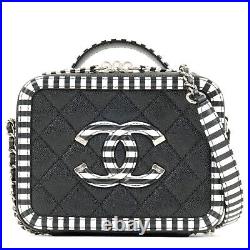 Auth CHANEL CC Filigree Caviar Skin Vanity Case 2Way Bag Stripe A93342 Used F/S