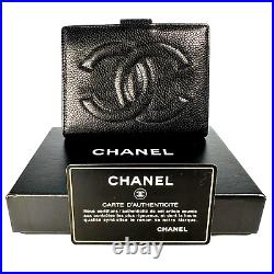 Auth CHANEL CC Logo Black Caviar Skin Bifold Wallet /N01-0014