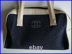 Auth CHANEL CC Logo Blue Fabric & Cream Patent Leather Hand Bag