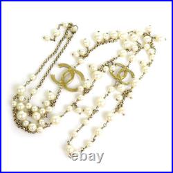 Auth CHANEL CC Logo Necklace Gold/White Metal/Faux Pearl e56703g