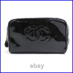 Auth CHANEL CC Logo Pouch Multi Case Black Patent Leather/Goldtone e56008f