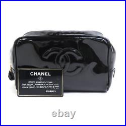 Auth CHANEL CC Logo Pouch Multi Case Black Patent Leather/Goldtone e56008f