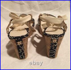 Auth CHANEL CC Logo Print Bow Platform Wedge Sandals Size37 Navy/White Used F/S