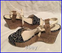 Auth CHANEL CC Logo Print Bow Platform Wedge Sandals Size37 Navy/White Used F/S