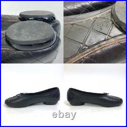 Auth CHANEL Cambon Line Flat Shoes Leather Enamel Black Ribbon Coco Mark CC Logo