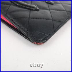 Auth CHANEL Cambon Line Lamb Skin Bi-fold Wallet Black A26717 Used F/S