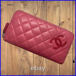 Auth CHANEL Cambon Line Matelasse Long Wallet Pink Leather Coco Mark Zip Italy