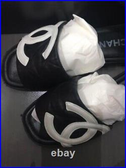 Auth CHANEL Cambon Line Sandals Mules Size 36 Black White Coco Mark CC Logo