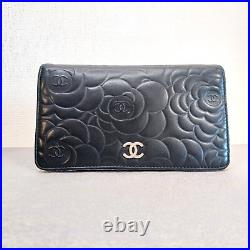 Auth CHANEL Cameria Matelasse Bifold Long Wallet Leather Black USED