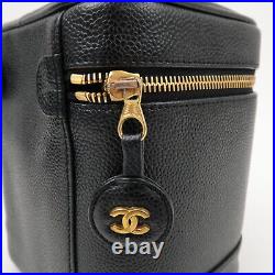 Auth CHANEL Caviar Skin Vanity Bag Hand Bag Cosmetic Bag Black A01998 Used F/S