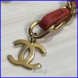 Auth CHANEL Chain Belt Leather Red Plated Gold Coco Mark Charm CC Logo Vintage