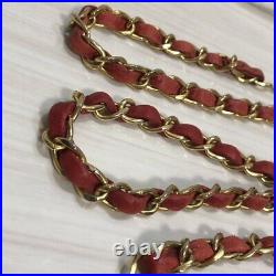 Auth CHANEL Chain Belt Leather Red Plated Gold Coco Mark Charm CC Logo Vintage