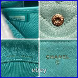 Auth CHANEL Chevron Coco Mark Long Wallet Caviar Skin Leather V Stitch Green
