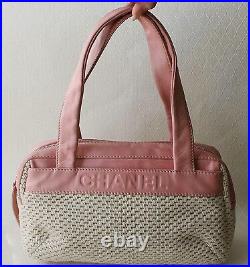 Auth CHANEL Cream Woven & Pink Leather Hand Bag