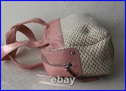 Auth CHANEL Cream Woven & Pink Leather Hand Bag