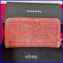 Auth CHANEL Deauville Round zipper Long Wallet Tweed Red Color Coco Mark withBox