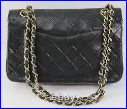 Auth CHANEL Double Flap Black Quilted Leather Gold Chain Shoulder Bag #50369