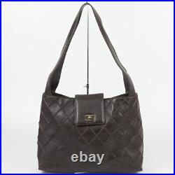 Auth CHANEL Handbag Shoulder Bag #5406 Dark Brown Leather Logo