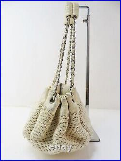 Auth. CHANEL Ivory Knitting and Leather Chain Shoulder Tote Bag Purse #53995