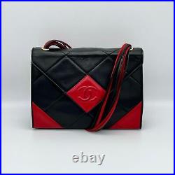 Auth CHANEL Lambskin CC Logo Matelasse Shoulder Bag Black Red Vintage From Japan