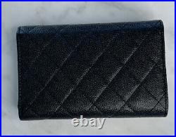 Auth CHANEL Light Gold CC Logo Classic Medium Flap Wallet Caviar Leather Black