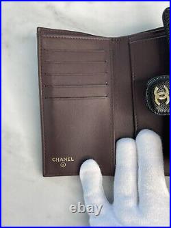 Auth CHANEL Light Gold CC Logo Classic Medium Flap Wallet Caviar Leather Black