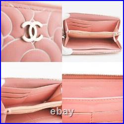 Auth CHANEL Long Wallet Camellia Coco Mark Pink Round Zippy Flower Leather