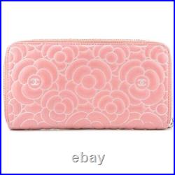 Auth CHANEL Long Wallet Camellia Coco Mark Pink Round Zippy Flower Leather used