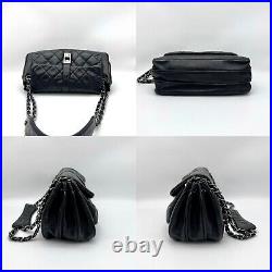 Auth CHANEL Matelasse 2.55 Chain Shoulder Flap Bag Black Caviar Skin Leather