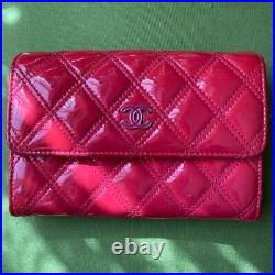 Auth CHANEL Matelasse Brilliant Fold Wallet Patent Leather Pink Coco Mark Logo