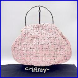 Auth CHANEL Matelasse CC Logo Pendant Tweed Metal Hand Bag Pink Vintage