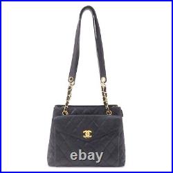 Auth CHANEL Matelasse Caviar Skin Chain Tote Bag Black Gold HDW A06323 Used F/S