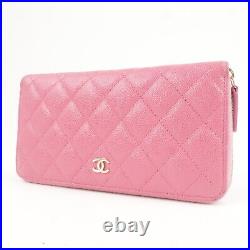 Auth CHANEL Matelasse Caviar Skin Round Zippy Long Wallet Pink AP0242 Used F/S