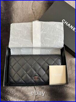 Auth CHANEL Matelasse Coco Mark Bifold Long Wallet Leather Black Made in France