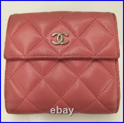 Auth CHANEL Matelasse Coco Mark Bifold Wallet Purse Compact Pink WithBox Used
