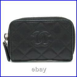 Auth CHANEL Matelasse Coco Mark Coin Case Card Case Round Zipper Leather Black