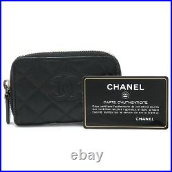 Auth CHANEL Matelasse Coco Mark Coin Case Card Case Round Zipper Leather Black